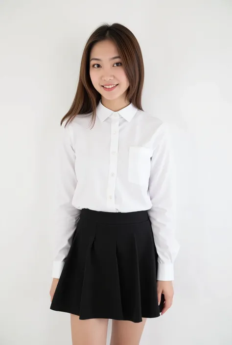 a beautiful young woman wearing that students uniform, white shirt and black mini skirt, standing pose, simple background,