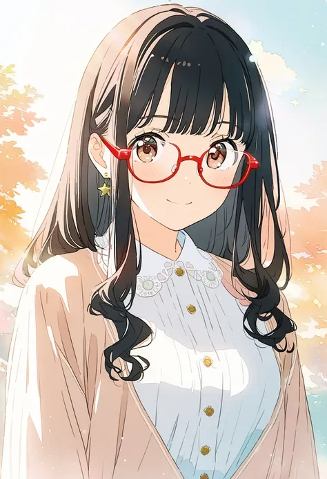 1girl, , brown eyes are shining and cute, black hair, long hair, extremely detailed neat hair,Straight hair, tareme, ((red-rimless eyewear:1.2)), star earrings, medium breasts, smile, blushful, looking at viewer, long sleeves, closed mouth, white shirt, up...