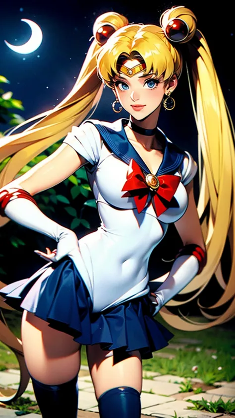 A beautiful female, solo, (perfect sailor moon cosplay girl), (((beautiful high resolution illustration, ultra detailed, delicate,))), image of head to knees, front view, standing with little open stance, (absolutely detailed beautiful face, sexy face, natural makeup), perfect figure, detailed depiction, (put your hand on your hip, point at viewer, perfect depiction of fingers, perfect anatomy), ((extremely detailed)), masterpiece , best quality, incredibly absurdres, perfect illustration, 4k, 8k, perfect anatomy, ultra detailed anime style, realistic, photorealistic, ((extremely description, late night, a moon in the sky, beautiful moon, night, in the park, in background )),  Tsukino Usagi, (sailor moon, blonde hair, twintails, circlet, jewelry, crescent earrings),BREAK (blue skirt, dress, thighhighs)