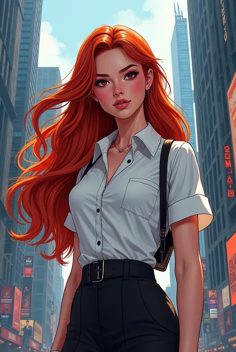 Marvel comic art style, a beautiful and cute girl with very long red hair and black eyes in a city and wearing smart casual clothes 