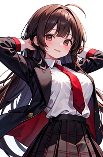 masterpiece,  best quality,  high definition ,  1 girl,  review, Long Hair, bangs,  Brown Eyes ,  very big breasts 、  red tie, ,  black jacket ,  open jacket ,  brown cardigan ,  white shirt,   black skirt ,  checked skirt, smile,  open your mouth,  turn y...