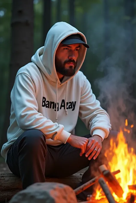 A man wearing a white Hoodie sweater and hat is sitting and smoking while burning a fire, there is a bang azay name logo on the Hoodie sweater , background Hangout  