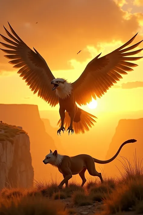 The video starts with the creature prowling through a golden savanna under a glowing sunset, then suddenly spreading its wings and leaping into flight. As it glides over cliffs and valleys, it lets out a roar mixed with an eagle’s screech, emphasizing its ...