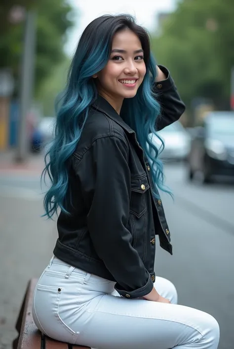  A beautiful Indonesian woman wearing a black denim jacket white jeans white shoes.  Long wavy hair in blue .  Sitting on a city roadside seat , face staring at camera looking ahead , one hand smoothed hair to the side face looks smiling  ,real effect , Ul...