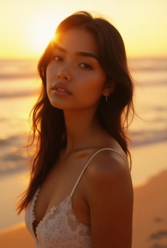 latina girl/espagnol dans la vingtaine, Selfie on the beach at sunset, with beautiful shapes, autant realiste quune vraie photo