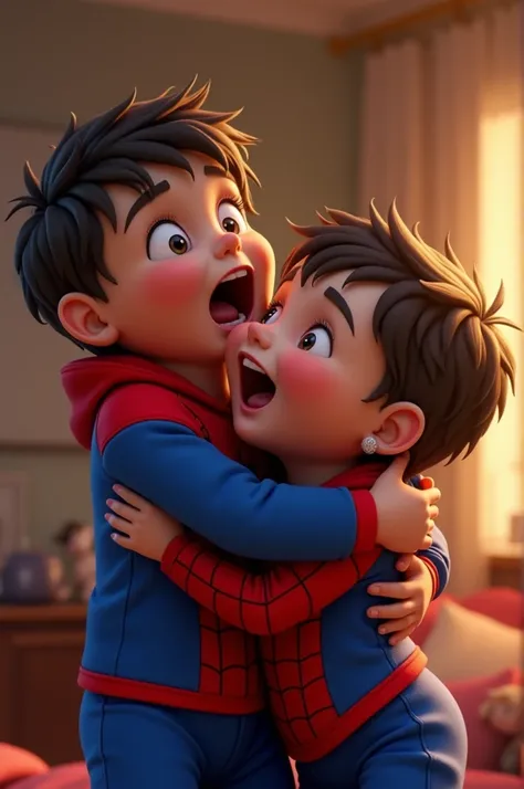  toddler wearing Spiderman pajamas with his favorite singer and singing and hugging him 