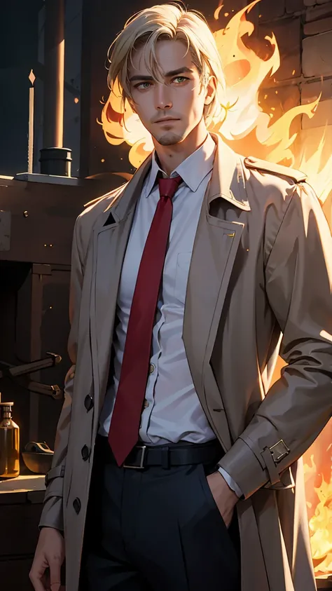 1 man, solo, John Constantine,  British man, tall, fit muscle, big baggy faded plain yellow trench coat, ((loose long red tie)), loose untidy white shirt, black trousers,  a fireball out of his right hand, smirks, light blond hair, crew cut hair style, had...