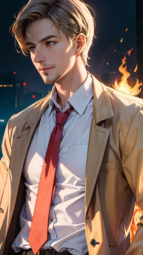 1 man, solo, John Constantine,  British man, tall, fit muscle, big baggy faded plain yellow trench coat, ((loose long red tie)), loose untidy white shirt, black trousers,  a fireball out of his right hand, smirks, light blond hair, crew cut hair style, had...