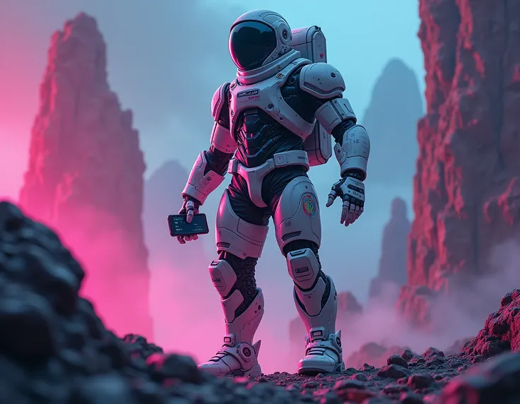 Create a big, cyborg, strong astronaut, with a jacket, with boots, with a watch, with vibrant lights, with neon colors, and a headset and a cell phone in his hand. high definition image, 4k,