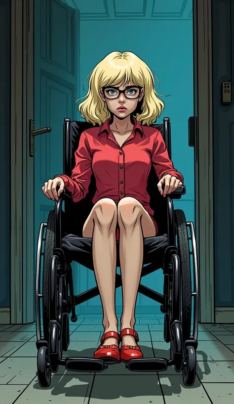 comic book illustration of a young 26 years old blonde white woman Gypsy Rose Blanchard, Pale, thin, fragile-looking, with large, anxious eyes. Often wears a wig (light blonde) and glasses. Seating on a wheelchair in a room   , afternoon, murder mystery ae...