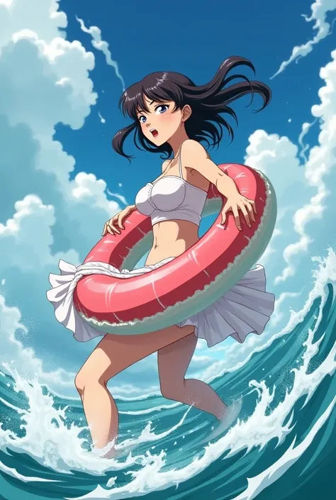 Anime girl, wearing swimming ring, young teenage girl, strong wind, blow her swimming ring, holding swimming ring tightly, wind dress, skirt blow up very very very strong wind pulling her swimming ring, huge breast, huge swimming ring, swimming ring blow a...