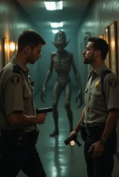 Funny and realistic image of 2 museum keepers ,  one thin and one bigger in surveillance gear with electronic flashlights who are frightened by a scary alien in a museum 