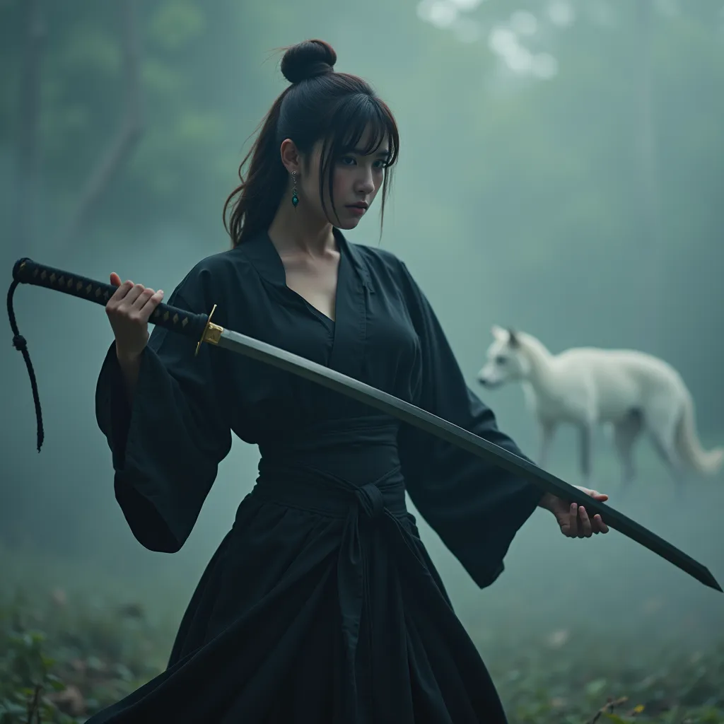 the mysterious woman, wearing a black yukata and hakama, obi,(musashi miyamoto) wielding a long japan sword, split with a powerf...