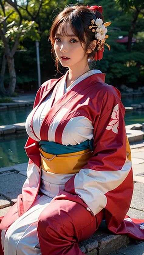 ((realistic:1.2)),masterpiece,  best quality,  high definition , 1girl 22 ahoge hair accessory, ((kimono:1.4)) ,((huge breasts))