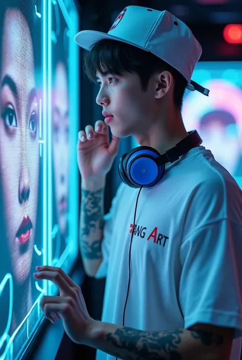  Cinematic shots of futuristic nightclub with advanced artificial intelligence technology for the entertainment of the people inside .  This disco is full of holographic screens and turntable environments and DJ buttons . A handsome tattooed man of Korean ...