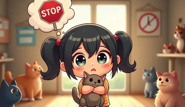  a cartoon ( big curious eyes,two  pony tail black hair)holding a cat  is thinking of a STOP sign in her imaginary cloud over hEr head inside a animal shelter
