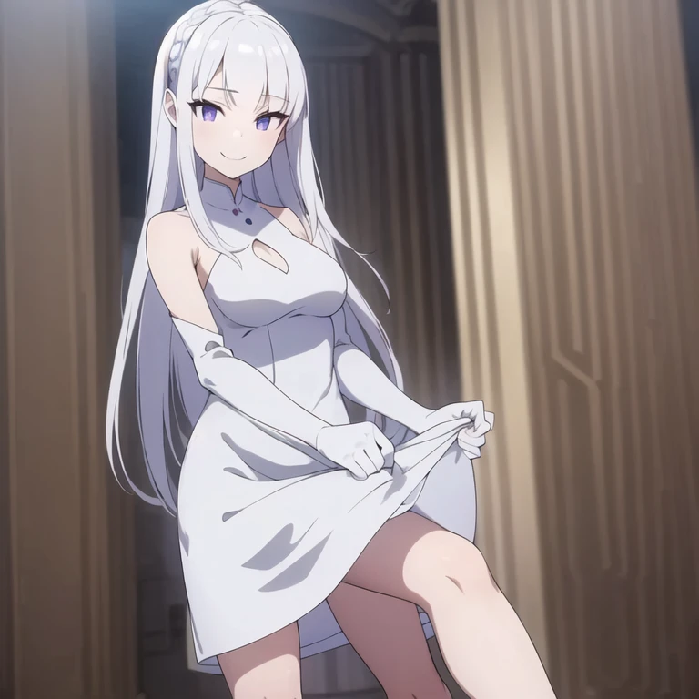 (masterpiece:1.2,  is of the best quality:1.2), 1 mature teen ,  alone, White hair, Dark purple eyes, Smile,  white dress, White socks