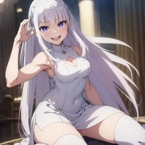 (masterpiece:1.2,  is of the best quality:1.2), 1 mature teen ,  alone, White hair, Dark purple eyes, Smile,  white dress, White socks