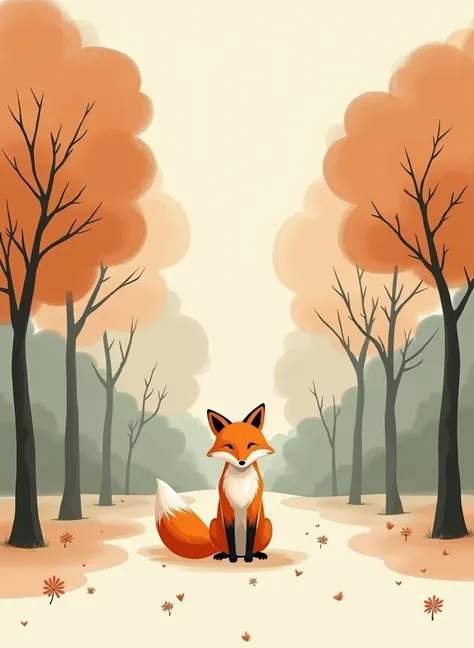 A fox sitting calmly in a minimalist forest clearing, surrounded by soft watercolor trees in shades of burnt orange, muted green, and warm beige. The background is simplified, focusing on clean lines and negative space, 8K quality, 4:3 ratio.