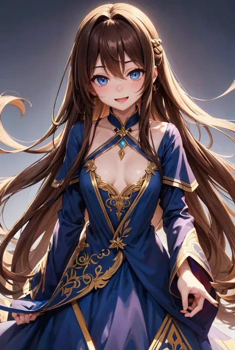 Long Hair,   1 girl, Alone,   with the eye turned upright   , Chest,   blanking as desire , smile,   open your mouth ,   blue eyes, Brown Hair,   simple background, 大きなChest,  dress