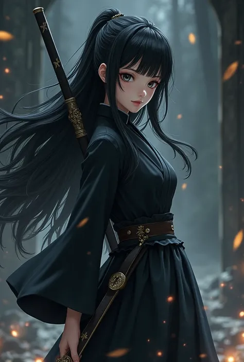 Jujutsu kaisen, girl, black long hair, black eyes, katana Behind the back