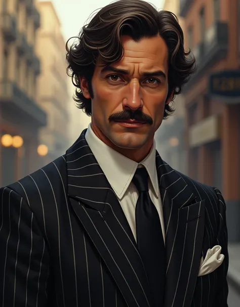 28 year old Italian, he is a mobster from the 1970s, he has very wavy light brown hair and dark brown eyes, he wears a mustache, his face is of normal beauty, he is strong with tanned skin. He wears a 1990s pinstripe suit and his expression is that of a bu...