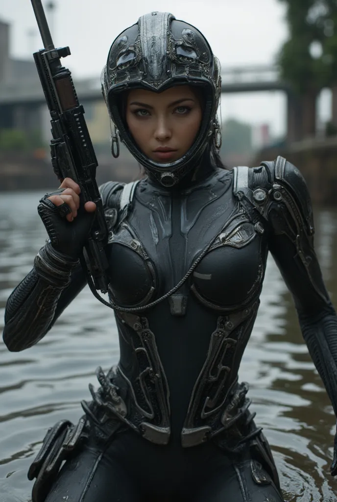 femme arafée en combinaison de plongée tenant un pistolet dans une rivière, art cyberpunk inspiré de leng mei, gagnant du concou...