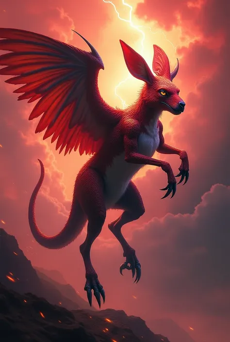 A hybrid kangaroo with iridescent parrot wings and sharp claws, leaping into the air amidst a crimson storm.