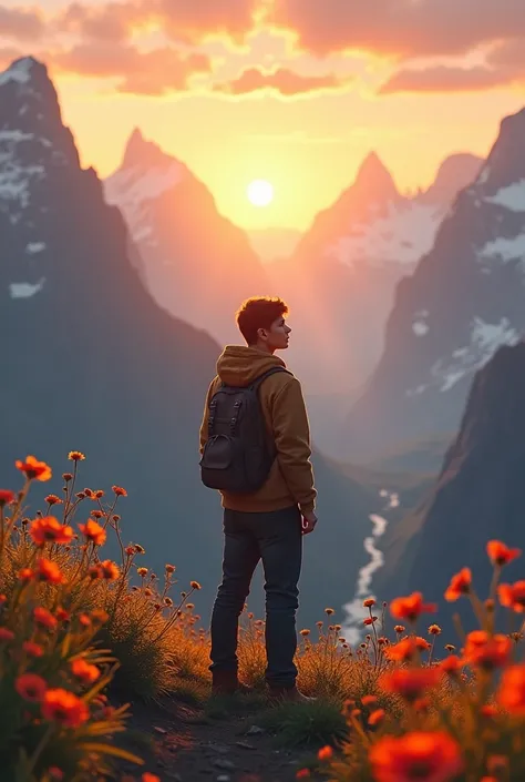 A brave young man watching the beautiful Sun rise and the the flowers around him standing at the mountains tap 