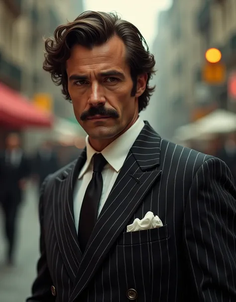 28 year old Italian, he is a mobster from the 1970s, he has very wavy light brown hair and dark brown eyes, he wears a mustache, his face is of normal beauty, he is strong with tanned skin. He wears a 1990s pinstripe suit and his expression is that of a bu...