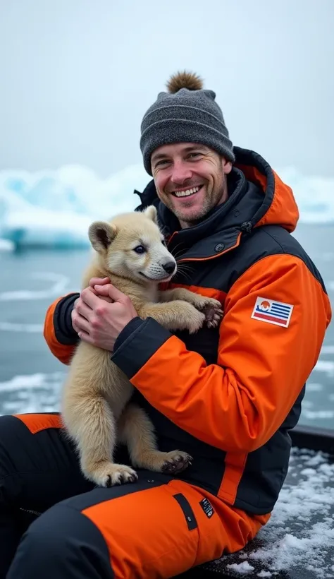 A researcher in Arctic gear, sitting on a boat in icy waters, holding a small, fluffy Odobenus rosmarus cub closely. The researcher is smiling warmly, wearing an orange and black cold-weather suit with a beanie. The Odobenus rosmarus cub appears calm and c...