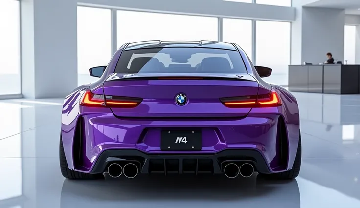 create an ultra-detailed 3D render of a modern, close-up back view of 2025 BMW M4 with a bold design. The car should feature a Gleamy glossy whote  color with a BMW logo on its back, and sleek headlights . The body should be wide and expanded in glossy pur...