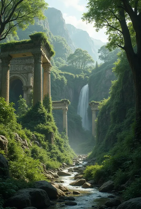 In a lush forest, you can see an ancient Roman city in ruins covered with dripping plants and trickling water.