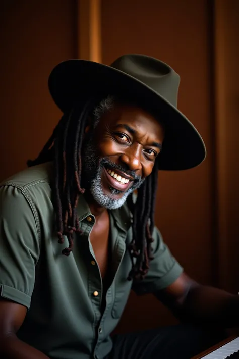 Solo, black man, grey hair, dreadlocks, light skin, wide brim hat, Smile, natural full lips, Very Long Hair, From Side, Depth Of Field, Backlighting, From Below, Masterpiece, Accurate, Anatomically Correct, Best Quality, High Resolution, Award Winning, Hig...