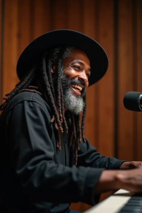 Solo, black man, grey hair, dreadlocks, light skin, wide brim hat, Smile, natural full lips, Very Long Hair, From Side, Depth Of Field, Backlighting, From Below, Masterpiece, Accurate, Anatomically Correct, Best Quality, High Resolution, Award Winning, Hig...