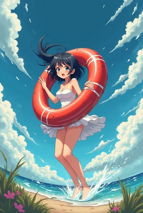 Anime girl, wearing swimming ring, young teenage girl, strong wind, blow her swimming ring, holding swimming ring tightly, wind dress, skirt blow up very very very strong wind pulling her swimming ring, huge breast, huge swimming ring, swimming ring blow a...