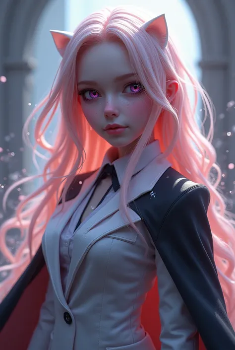 Imaginary character with pink hued golden blonde hair(long and wavy) and voilet eyes(doe). Wearing an acdemic uniform (silver blazer and a short black cape on left shoulder).