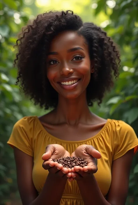 Create an image with african origin lady with beautiful lady with touching coffee bean with nice smile with natural green forest with smooth curly hair medium hair length write Shalaye coffee as a brand for Roasting company 