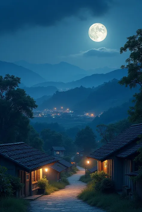 Susana night in the countryside , beautiful village streets near the mosque ,  under the bright full moon , from a distance it looks beautiful gardens and the houses of the inhabitants are lined,  landscaped terraced rice fields ,  below it from a distance...