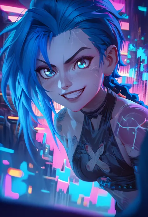 a close up of a person with blue hair and tattoos, arcane jinx, arcane jinx, arcane jinx, jinx from league of legends, dynamic f...