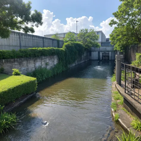  write a waterway that looks like a prison！ and its a huge wall of water in the back 、 there is a huge gate in front 、 its a closed, ruined space 。Please write realistically 