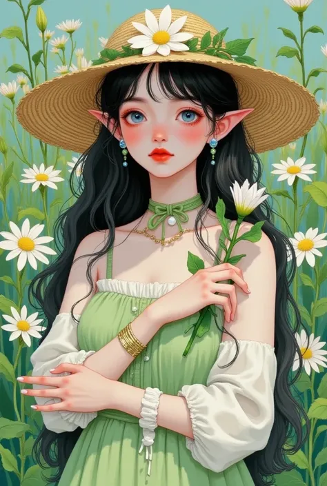 1girl,bangs,bare shoulders,black hair,blue eyes,brown headwear,choker,closed mouth,daisy,dress,earrings,elezen,elf,fingernails,floral background,flower,frilled sleeves,frills,green background,harvin,hat,hat flower,holding flower,jewelry,lalafell,lily (flow...