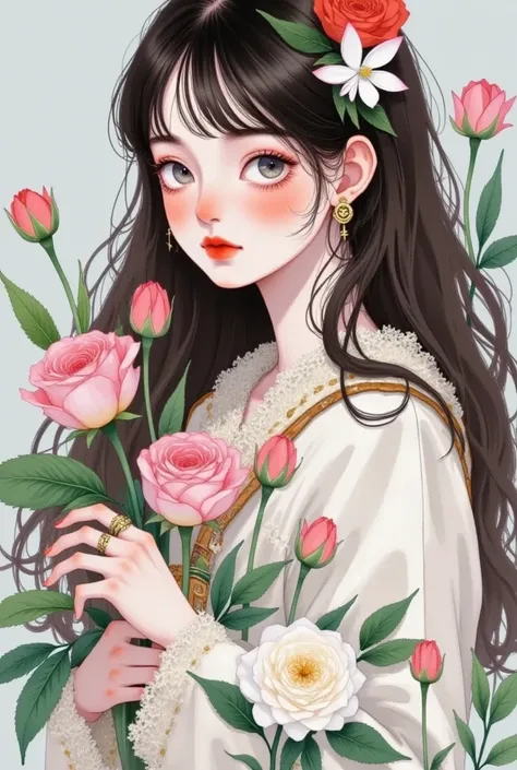 1girl,bangs,black hair,blush,book,brown hair,cross,cross earrings,dress,ear piercing,earrings,flower,flower earrings,grey background,grey eyes,holding,holding flower,hood,jewelry,leaf,long hair,long sleeves,looking at viewer,makeup,piercing,pink flower,pin...