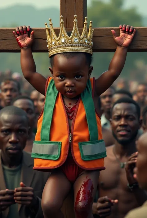 African  baby crucified on the cross with blood drips from hands wearing a golden vintage crown with dimonds and craft and wearing  a green and orage stylish reflective safety vest with with logo and few people  in the crowd are taking pictures  with phone...