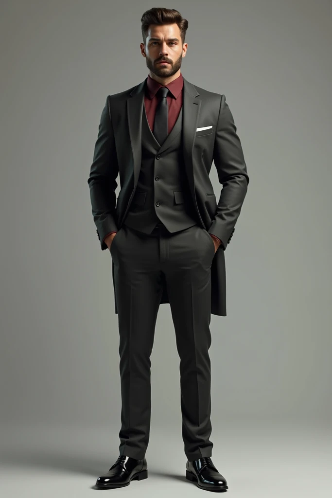  Make an image of a dark gray suit outfit, with black shoes, black strap.  You choose the color of the shirt (not light blue or white ) my tie,  remember that I have light dark skin , mido 1.70 meters and I weigh 96 kilos 