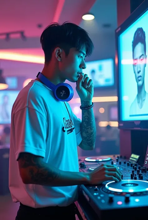 Cinematic shots of futuristic nightclub with advanced artificial intelligence technology for the entertainment of the people inside . This disco is full of holographic screens and turntable environments and DJ buttons . A handsome tattooed man of Korean or...