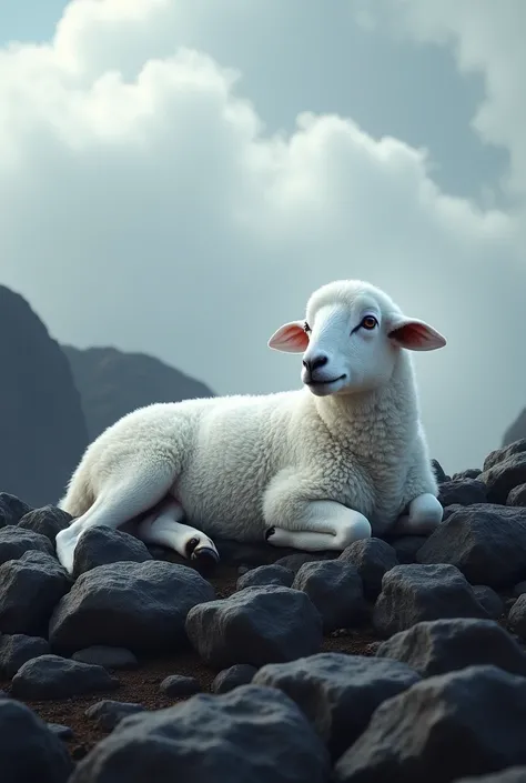 Un agneau blanc comme du pourpre mit à labattoir sur cailloux noir dAfrique et dont les nuages sont blanc et une vapeur séchappe du cailloux 