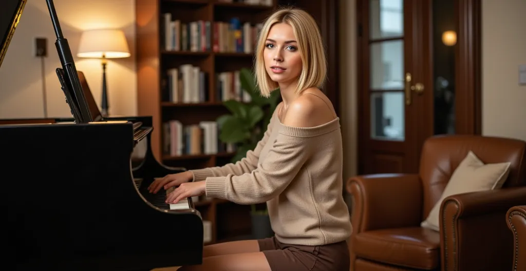 a shot of nexia is sitting at the grand piano in a cozy, warmly lit room filled with books. ((she wears a neutral oversized off-...