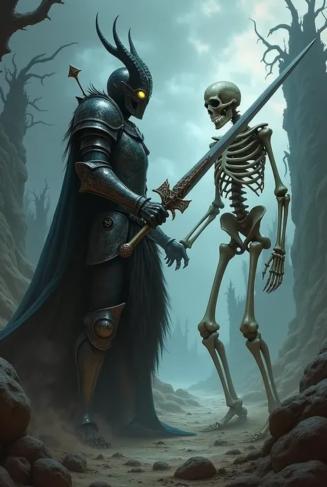 A knight half human half demon with a two-sided tailor sword kills a skeleton Dark Fantasy