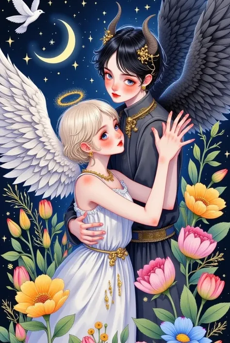 1boy,1girl,angel,angel and devil,angel wings,artist name,asymmetrical wings,bird,bird wings,black wings,blue eyes,blue flower,blue wings,blush,bouquet,brown wings,butterfly wings,camellia,crescent moon,daisy,dated,demon boy,demon wings,detached wings,dove,...